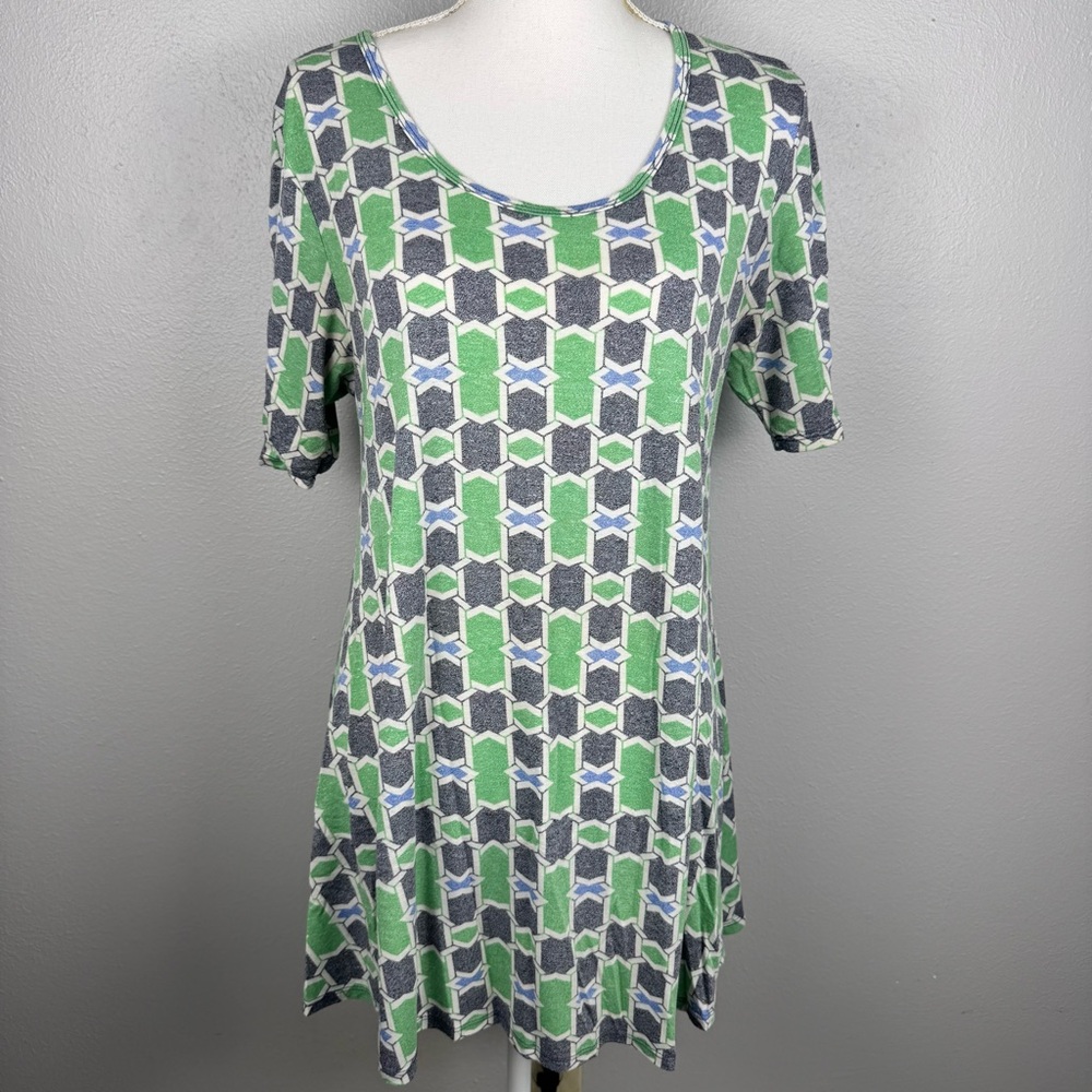 Lularoe Women’s XS S Short Sleeve Tunic Green Gray Shirt Geometric Print Flowy